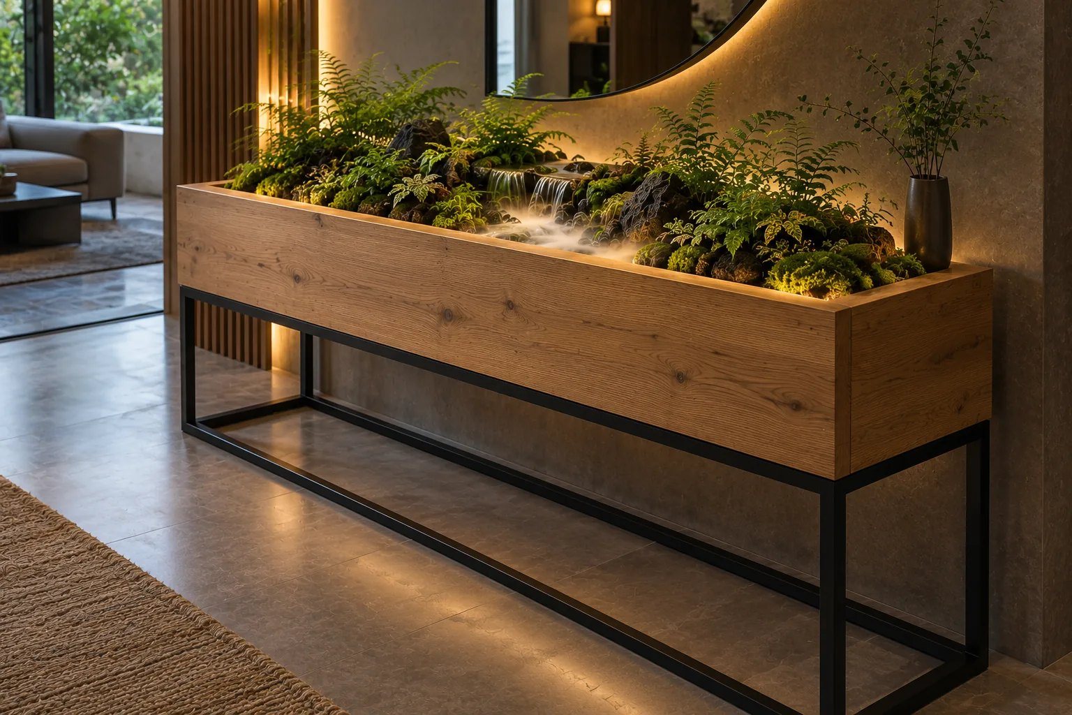 Arrimo YOLO HORIZON con jardín vivo longitudinal, agua y neblina