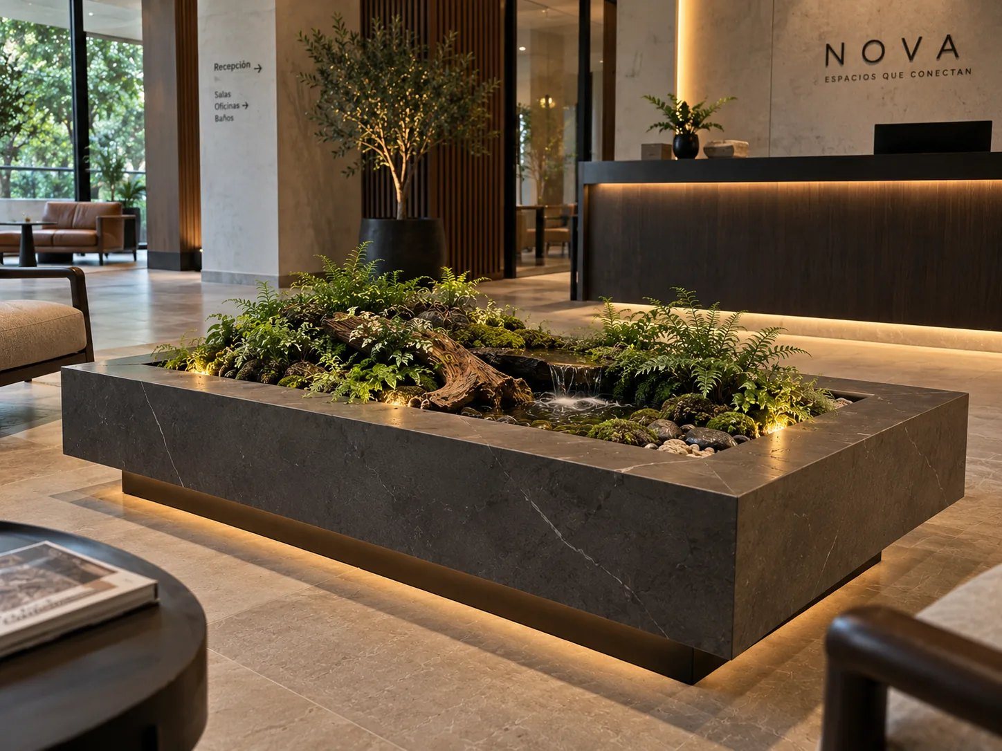 Mesa central corporativa YOLO ATRIUM con jardín vivo para lobby y recepción