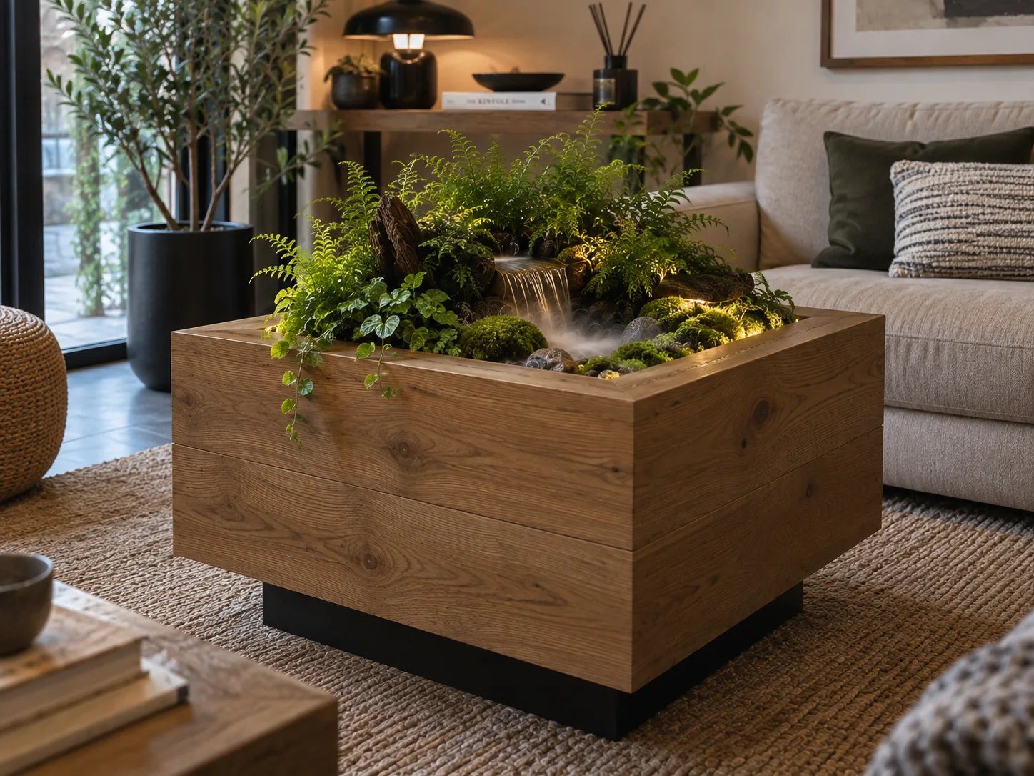Mesa lateral YOLO TERRA con jardín vivo integrado, musgo y vegetación