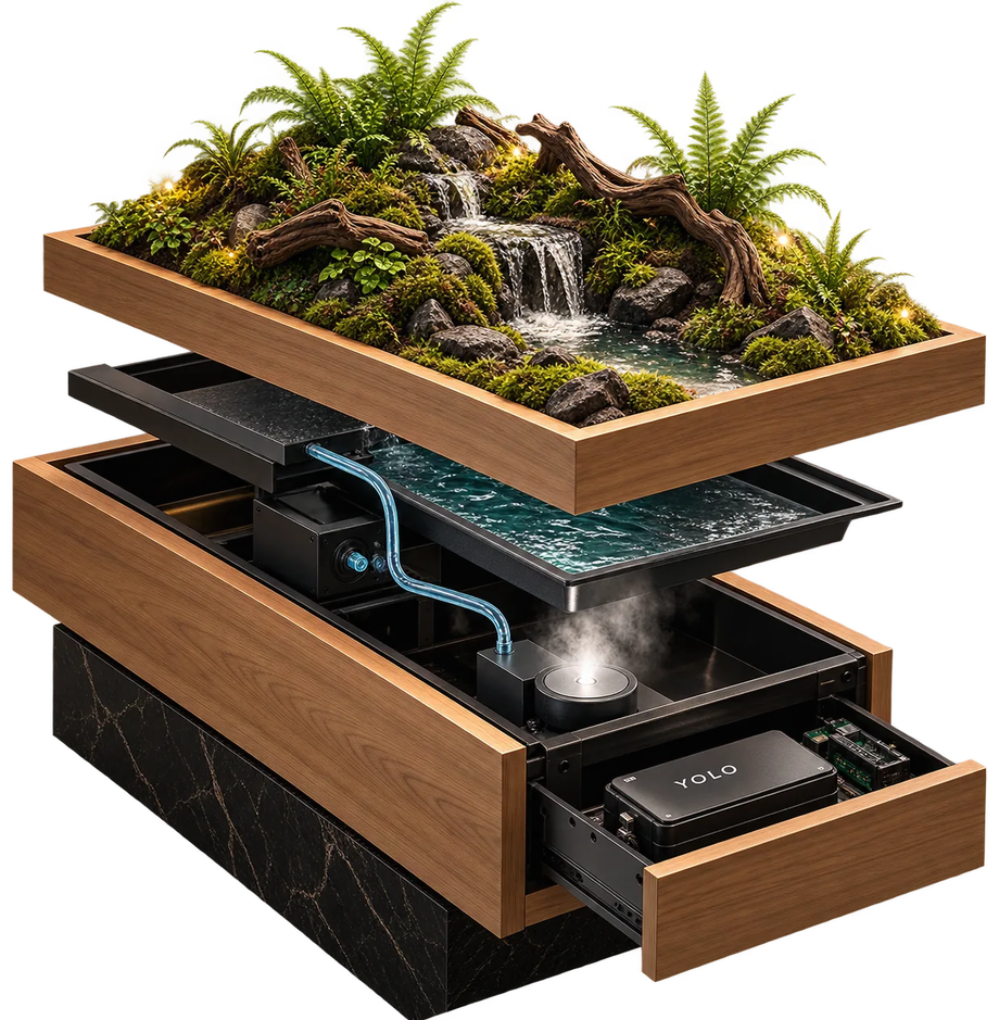 Sistema técnico modular YOLO con paisajismo, bandeja impermeable, agua y neblina
